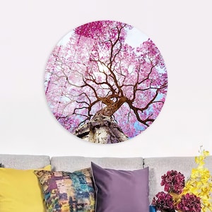 Arte de pared grande, panel de vidrio navideño, decoración de pared floral, lienzo 3D, obras de arte de paisaje de árboles, boho, decoración de pared de lienzo 3D, mesa de árbol púrpura