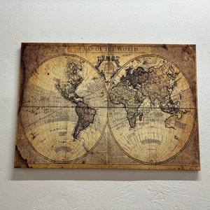 Sztuka na szkle w stylu vintage, dekoracja mapy świata w stylu vintage, prezent dla niego, prezent do domu ze starej mapy, stara mapa świata, spersonalizowany prezent, sztuka na płótnie w stylu vintage,