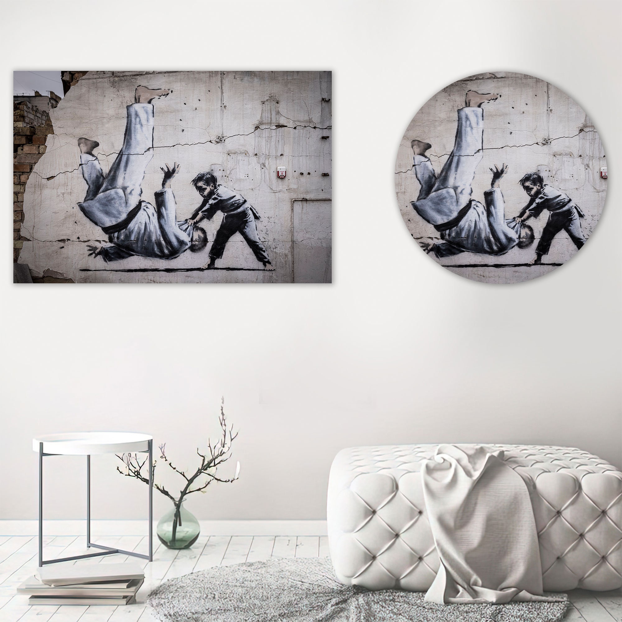 Banksy Judoka Canvas Art: Street Graffiti Tempered Glass Wall