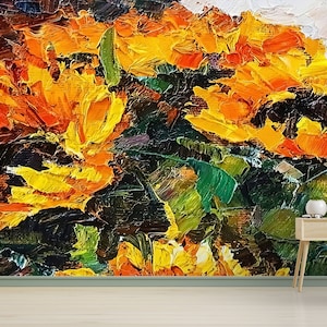 Sunflower Bouquet Painting Wall Mural: Peel and Stick Wallpaper Art