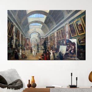 May include: A large wall art print depicting a historical museum interior. The artwork showcases a long hall with arched ceilings, filled with paintings and sculptures. Figures in period clothing are scattered throughout the space, adding a sense of scale and life to the scene.