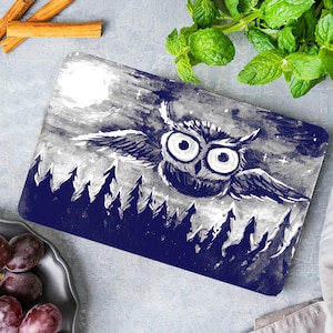 Modern Cutting Board, Night Landscape Chopping Board, Navy Blue Owl Painting Chopping Board, Animal Cutting Board, High Quality,