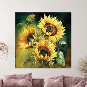 Sunflower Canvas Wall Art - Watercolor Yellow Floral Botanical Print for Kitchen, Farmhouse, Summer or Rustic Country Decor