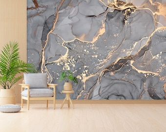 Do It Yourself, Decals For Walls, Gift For Him, Gray And Gold Marble Mural, Shimmery Wall Mural, Marble Wall Decor, Alcohol Ink Wall Decals,