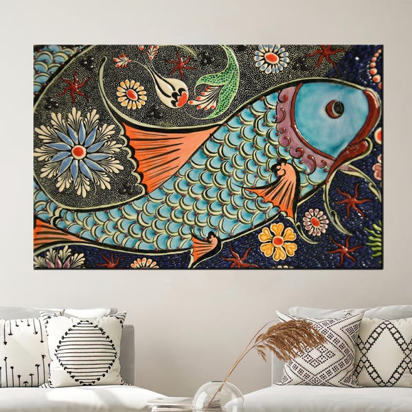 Mosaic Fish Effect Art, Blue Glass Printing, Large Decor Art, Animal Art Decor, Bridesmaid Gifts, Abstract Art Wall Decor, Gift For Her,