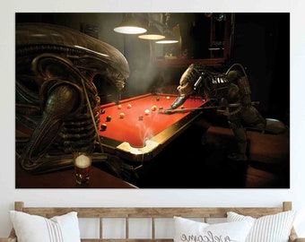Alien vs Predator Playing Pool Printed, Alien Art Canvas, Modern Art Canvas, Playing Room Artwork, Bedroom Decor Art, Living Room Decor Art,
