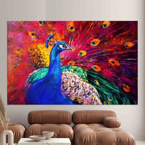 Arte de lienzo multicolor, lienzo de pavo real, impresión de vidrio colorido, cartel de pájaro, lienzo de animales, lienzo enmarcado, lienzo 3D, regalo para él,