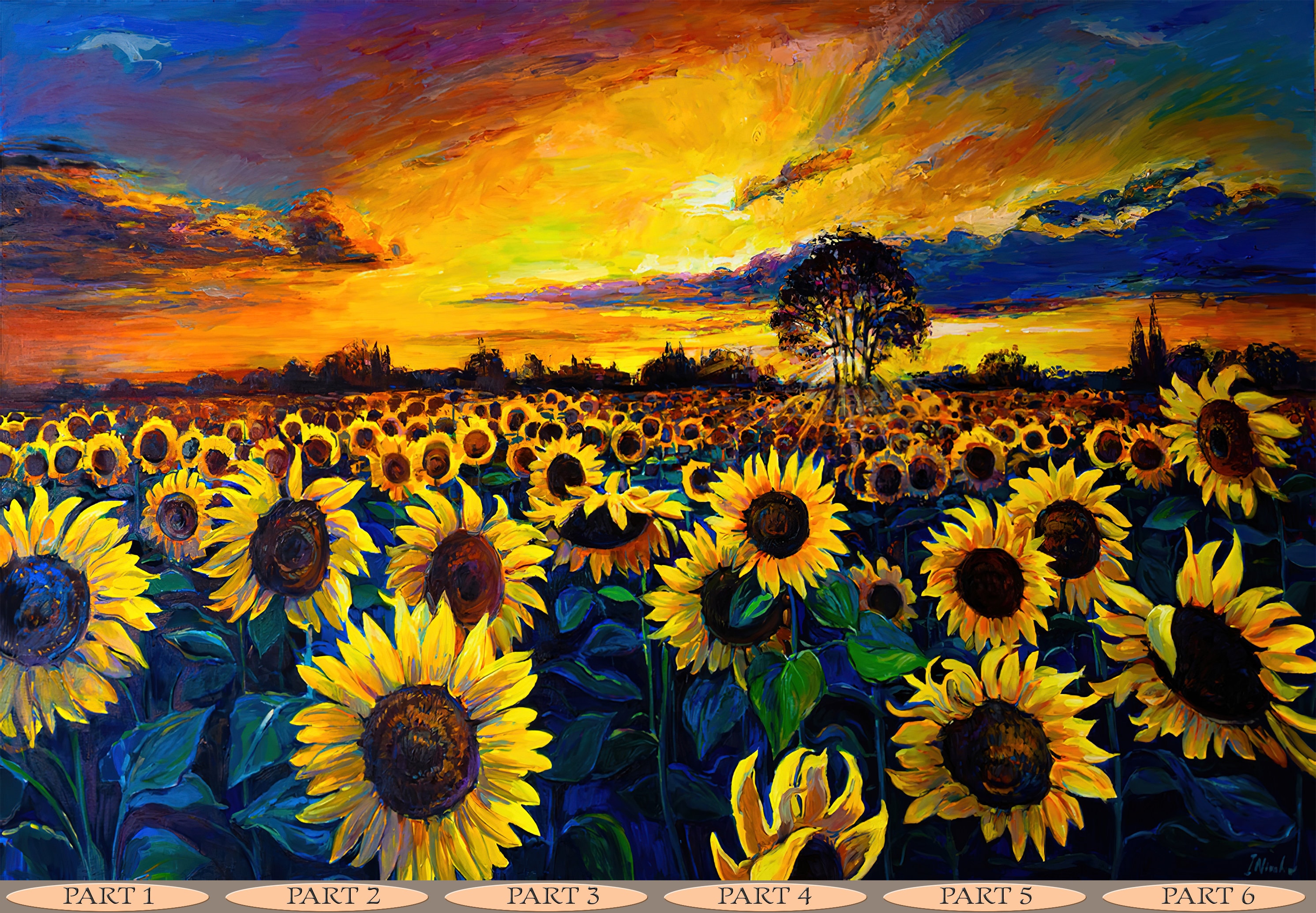 Fashionable Summer Illustration Modern Art Work My Original Oil Painting On  Canvas Still Life Two Blooming Large Yellow Sunflower Against The  Background Of Green Stalks Of Plants And A Bright Blue Sky