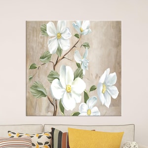 White Floral Canvas Wall Art - Soft Botanical Bloom Painting with Beige Background for Rustic Farmhouse or Peaceful Bedroom Decor