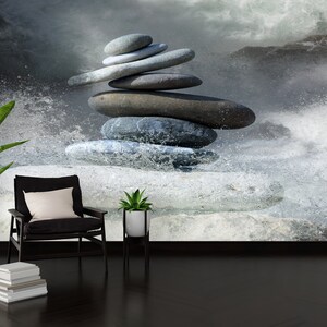 Selbstklebendes Papier, mehrschichtige Papierkunst, Wanddekor, Geschenk für das Zuhause, Felsen und Wasser Tapete, Rock Balance Wandaufkleber, 3D Tapete,