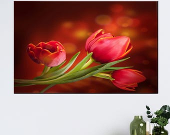 Red Tulips Canvas Wall Art: Elegant Floral Print, Romantic Bedroom Decor