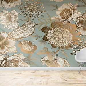 Golden Bird Floral Wallpaper: Removable 3D Wall Decor