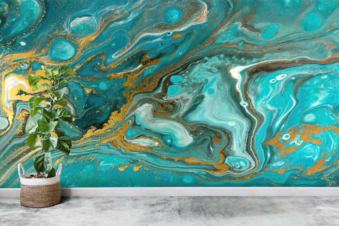 Wallpaper Peel and Stick, Wall Art Decor, Gift for Her, Blue and Gold