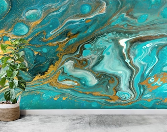 Wallpaper Peel And Stick, Wall Art Decor, Gift For Her, Blue And Gold Marble Paper Art, Blue Abstract Marble Wallpaper, Custom Wall Paper,
