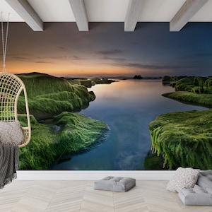 3D Sunset Landscape Wall Mural: Handmade Papercraft Wall Art