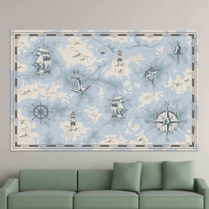 Sea Compass Art, Map Wall Art, Blue Wall Art, Modern Artwork, Printable Wall Art, Tempered Glass, 3D , Canvas Art, Kids Room Wall Art,