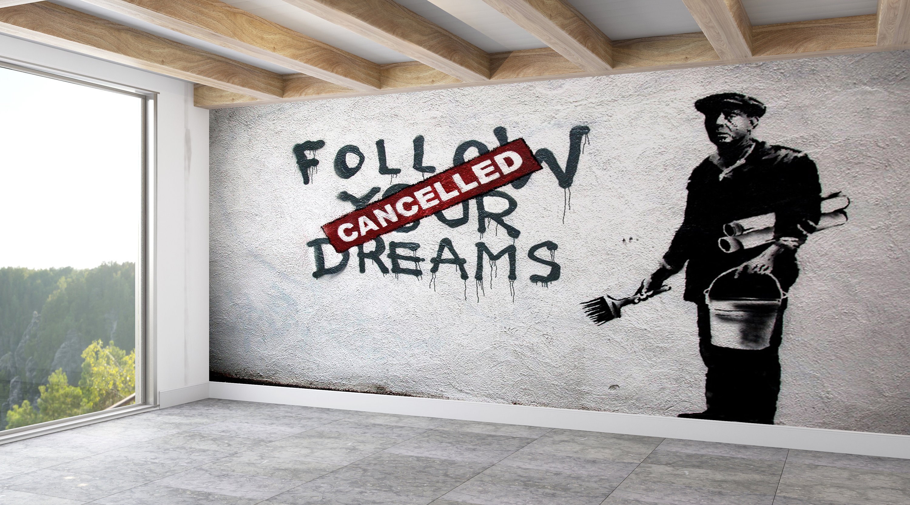 バンクシーのグラフィティ壁紙：「Follow Your Dreams キャンセル