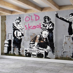 Stick On Wallpaper Art Deco, Graffiti Mural Wallpaper, Housewarming Gift, Iconic Banksy Old Skool Grannies Mural, Banksy Street Wall Paper,