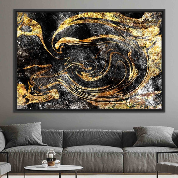 ゴールドマーブルキャンバスアート：きらめく黒と金の壁飾り - Etsy 日本