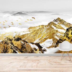 Golden Mountain Landscape Wallpaper: Peel and Stick Wall Art - Etsy