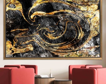 ゴールドマーブルキャンバスアート：きらめく黒と金の壁飾り - Etsy 日本