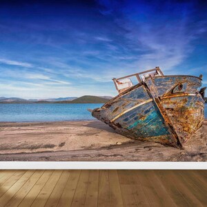 3D Wall Mural Wallpaper, Wall Decals Murals, 3D Wall Decor, Gift For The Home, Old Boat On The Beach Paper Craft, Boat Landscape Wall Paper,