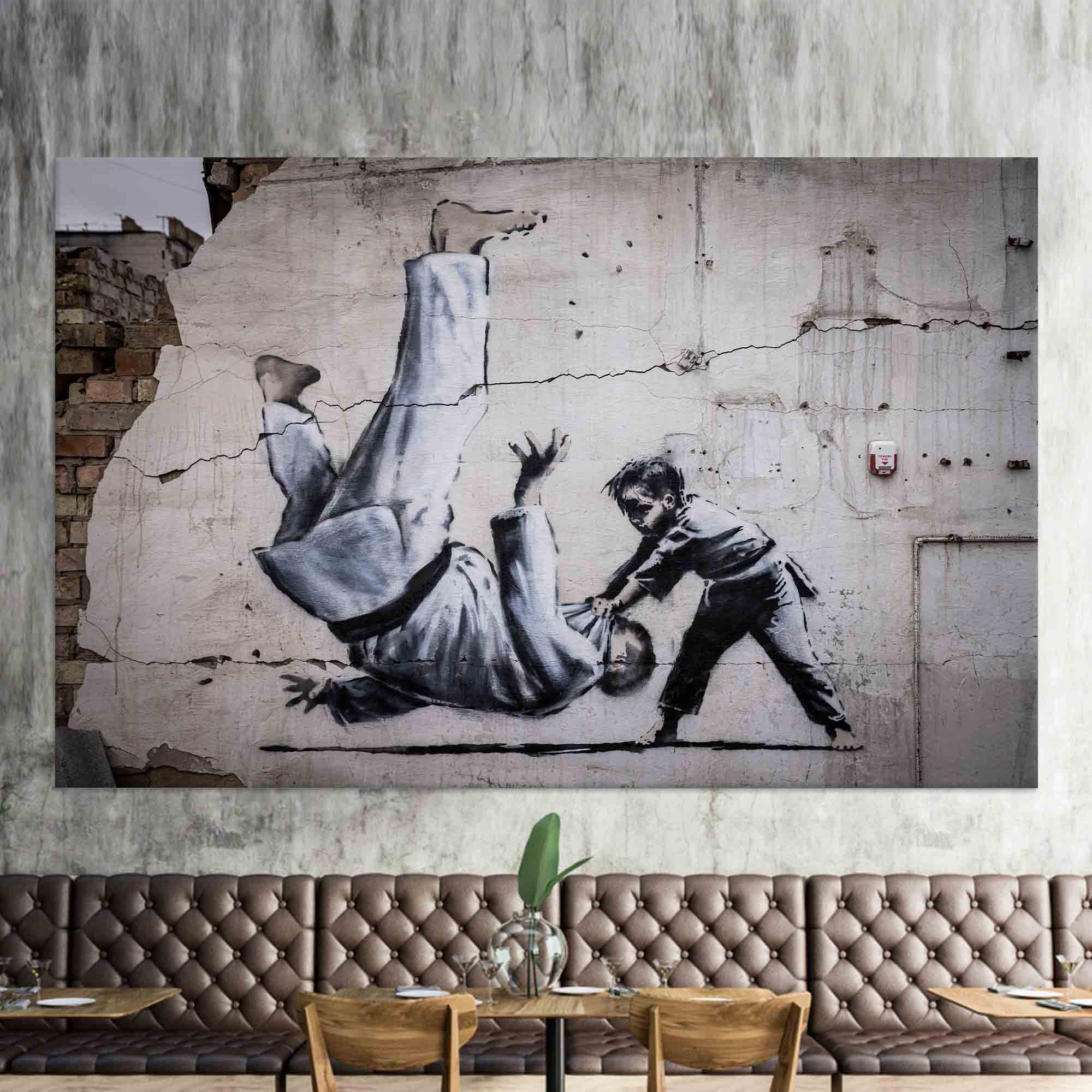 Banksy Judoka Canvas Art: Street Graffiti Tempered Glass Wall