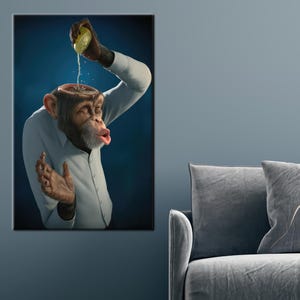 May include: A chimpanzee wearing a white shirt pours lemonade from a lemon wedge into its own head. The chimpanzee has a surprised expression on its face.