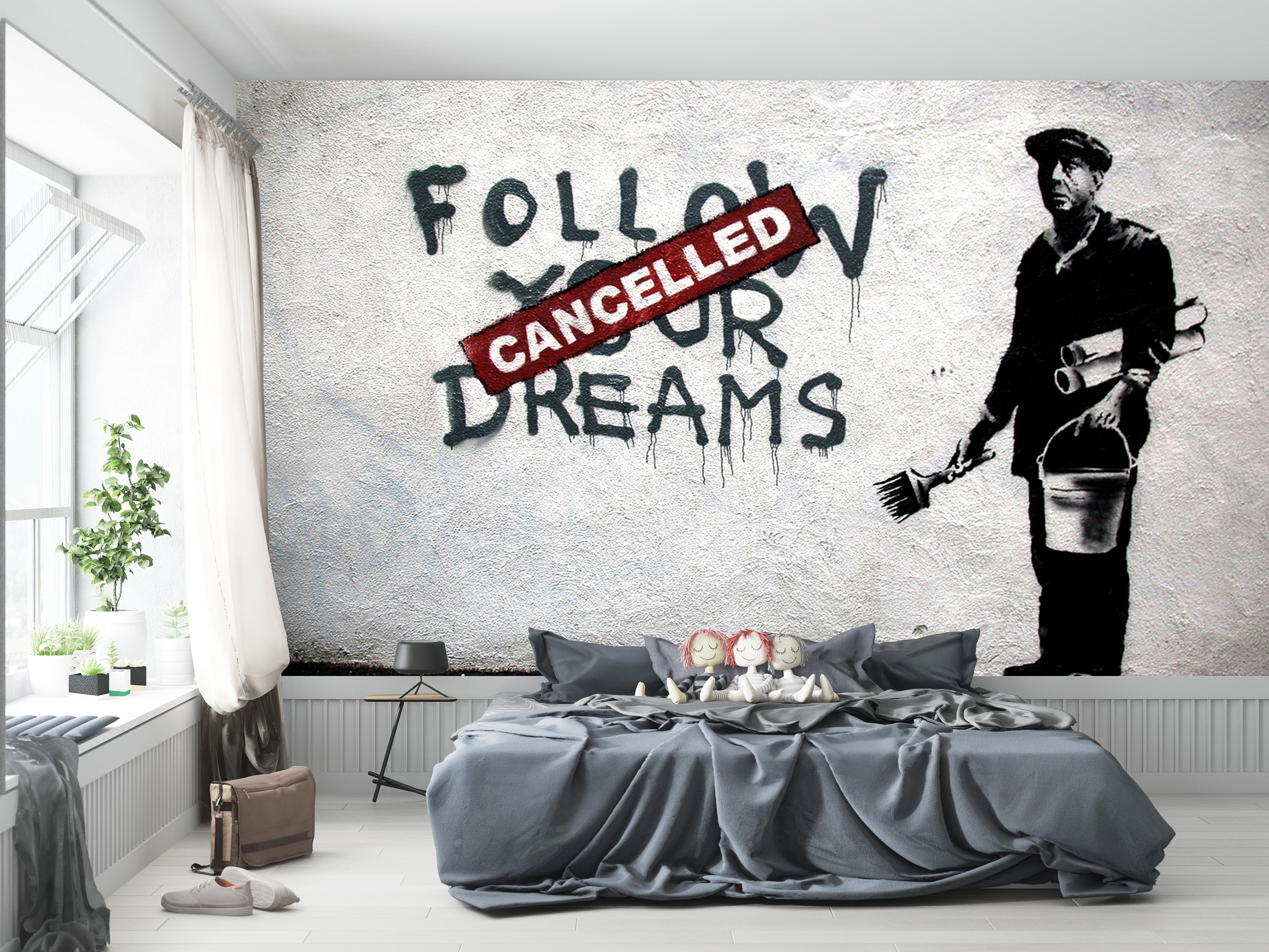 バンクシーのグラフィティ壁紙：「Follow Your Dreams キャンセル