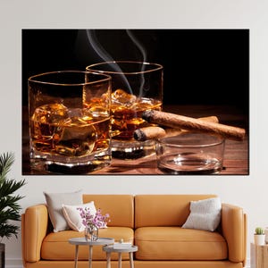 Whiskey and Cigar Canvas Wall Art - Sophisticated Bar or Lounge Decor Print for Man Cave, Gentlemen’s Room or Vintage Club Style