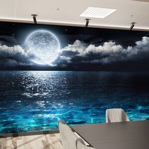 Elegante carta da parati 3D, carta da parati staccabile e incollata, carta da parati regalo, pittura murale con la luna sul mare, carta da parati murale con luna, decorazione da parete con paesaggio,