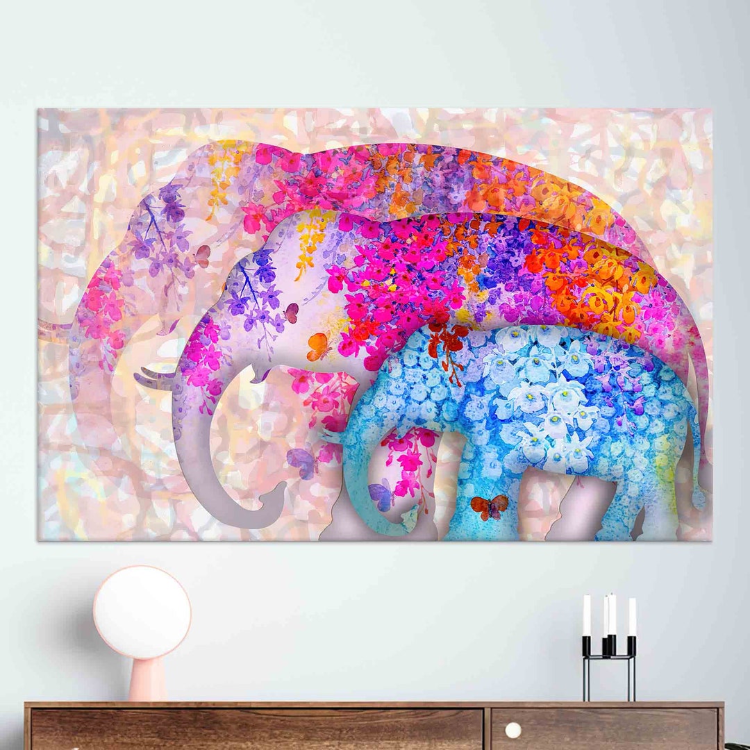Floral Three Elephants Art Canvas, Trendy Artwork, Animal Canvas Poster ...