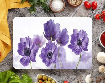 Tagliere in vetro temperato con fiori viola: decorazioni botaniche per la cucina