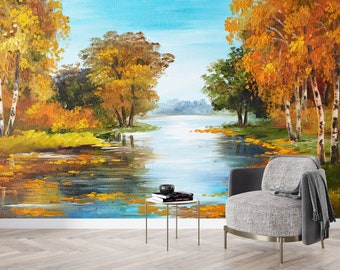 Paper Crafts 3D, Wallpaper Mural Art, Modern Wall Decal, Gift For Him, Autumn Landscape Painting Wall Print, Forest Landscape Paper Art,