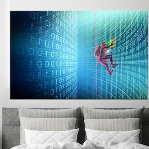 May include: A digital illustration of a person climbing a wall of binary code. The person is red and is climbing a red rope. The background is a blue and white digital pattern.