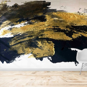Modern Wallpaper, 3D Wall Paper, Peel And Stick Wallpaper, Gift For Him, Black And Gold Brush Effect Wall Decor, Abstract Modern Wall Decals