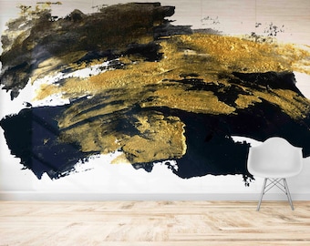 Black and Gold Brush Effect Wallpaper: Abstract Modern Wall Decals