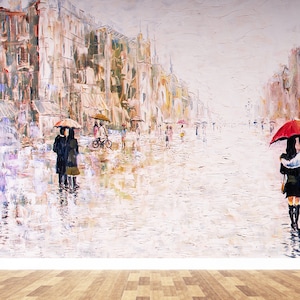 Couple Under Red Umbrella Wallpaper: Rainy Day Cityscape Peel and Stick