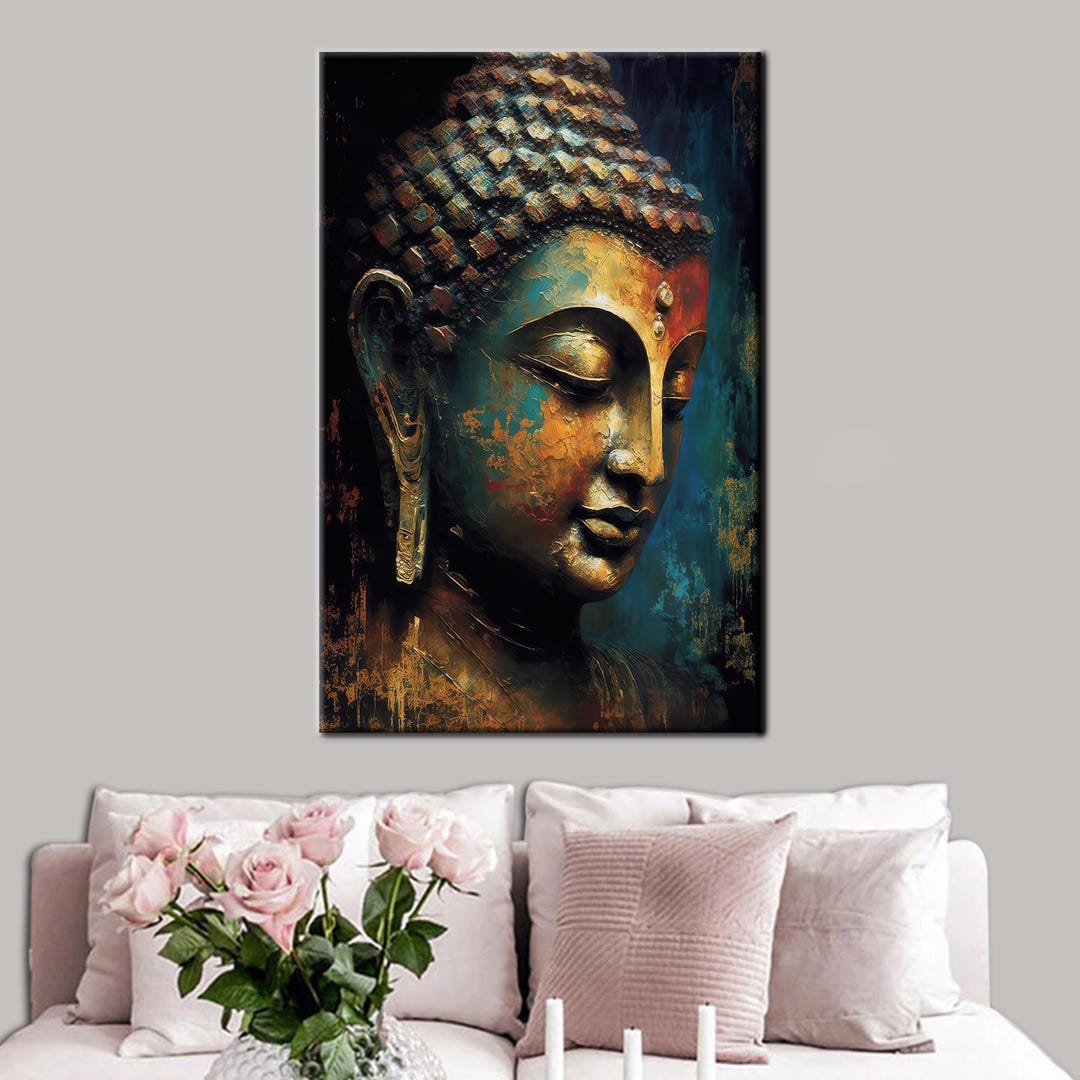 Golden Buddha Canvas Art – Zen Meditation Portrait Wall Decor, Teal ...