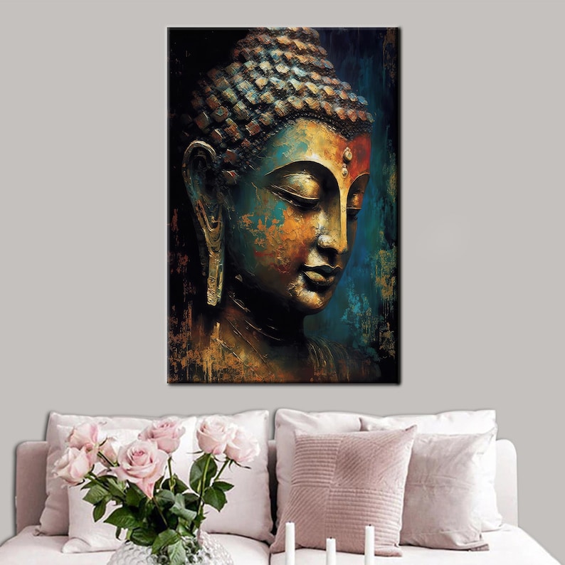 Golden Buddha Canvas Art – Zen Meditation Portrait Wall Decor, Teal ...