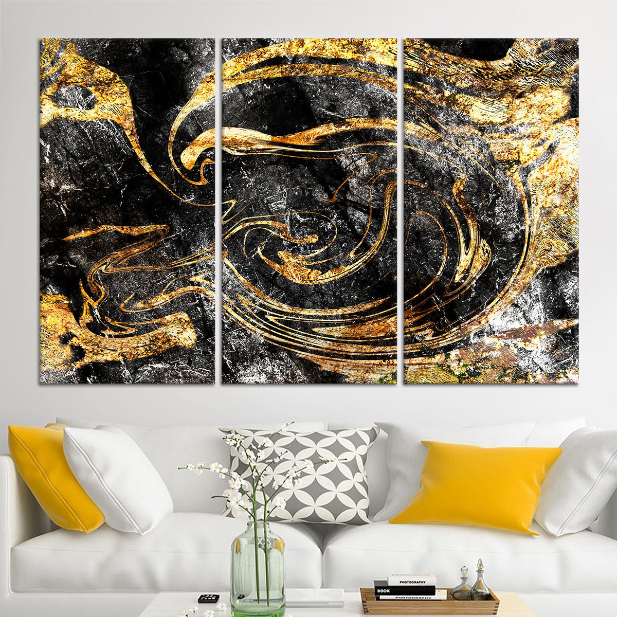 ゴールドマーブルキャンバスアート：きらめく黒と金の壁飾り - Etsy 日本