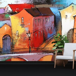 Wall Mural Wallpaper, Wallpaper Art, Stick On Wallpaper Art Deco, Housewarming Gift, Colorful City Painting Paper Craft, Colorful Wall Mural