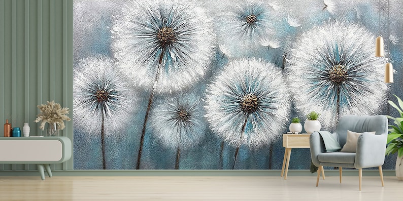 3D Paper Art, Wallpaper Patent, Custom Wall Paper, Housewarming Gift, Dandelion Wall Decals, Dandelion Lover Gift Wall Mural, 3D Wall Paper image 1