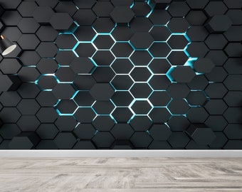 May include: A black and white room with a wall made of hexagonal tiles. The tiles are lit from behind with a blue light. A floor lamp with a black shade is in the corner of the room.