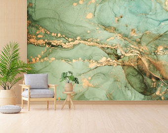 Wallpaper By The Yard, Paper Anniversary, Gift For The Home, Green And Gold Marble Paper Craft, Green Marble Wallpaper, 3D Paper Wall Art,