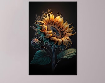 Sunflower Canvas Print: Dark Botanical Floral Wall Art