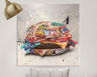 Graffiti Burger Canvas Print: Urban Pop Art Kitchen Decor