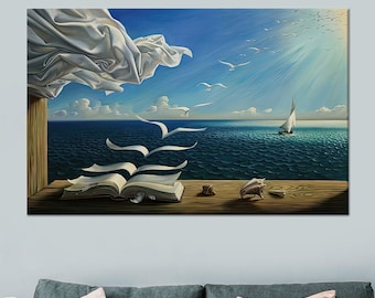 Salvador Dali Book to Birds Wall Decoration, Dali Art Decor, Reproduction Glass Art Wall Decor, Surreal Wall Art Decor, Room Decor,