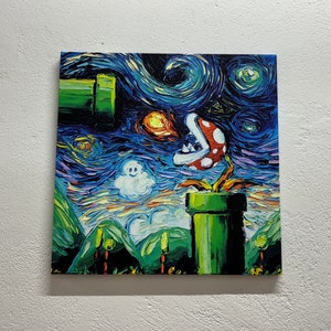 Mario Starry Night Canvas, Mario Bros Glass Art, Mario World Home Decor, Van Gogh Art, Super Mario Gift, Gift for Her, Van Gogh Mario Art,