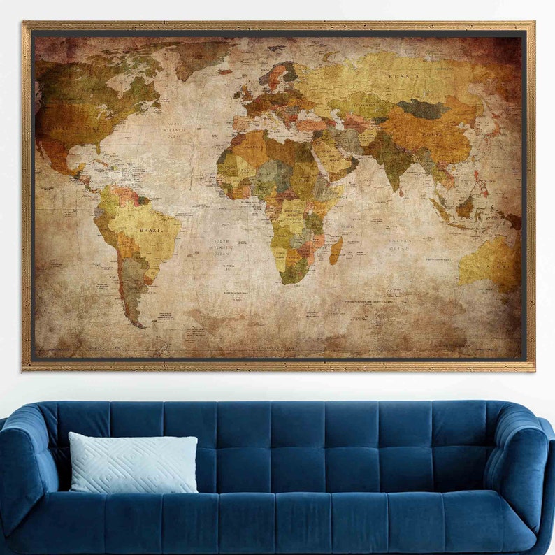 Vintage World Map Canvas Print: 3D Effect Wall Art Decor - Etsy